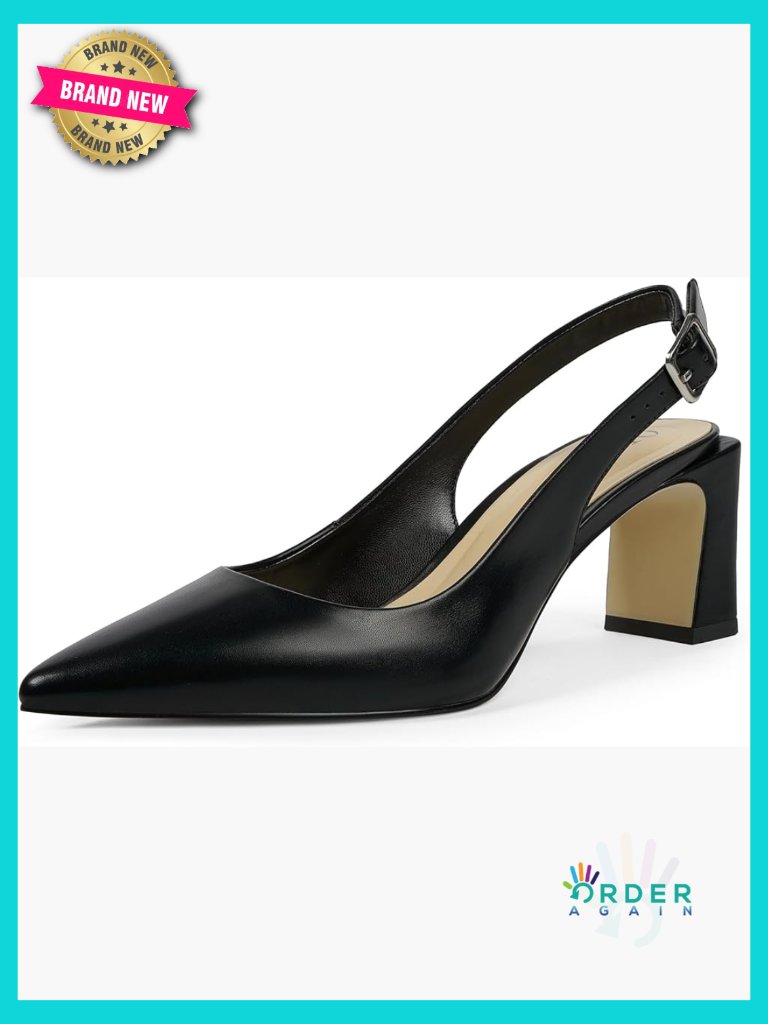 Classic Pointed Toe Slingback Pumps Chunky Block Heel Adjustable Strap Office